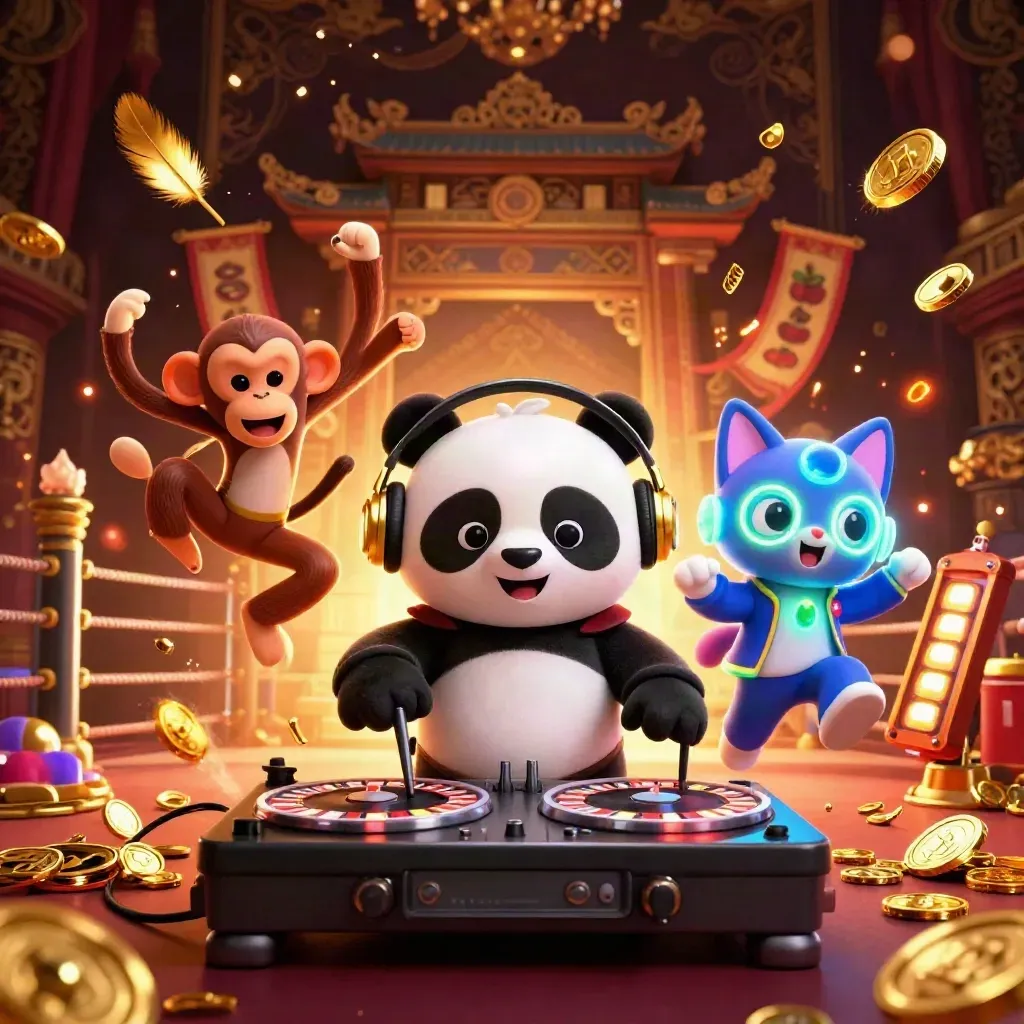 Panda DJ, monyet breakdance, dan kucing glow-stick di gerbang kuil emas dengan koin dan lampu neon.