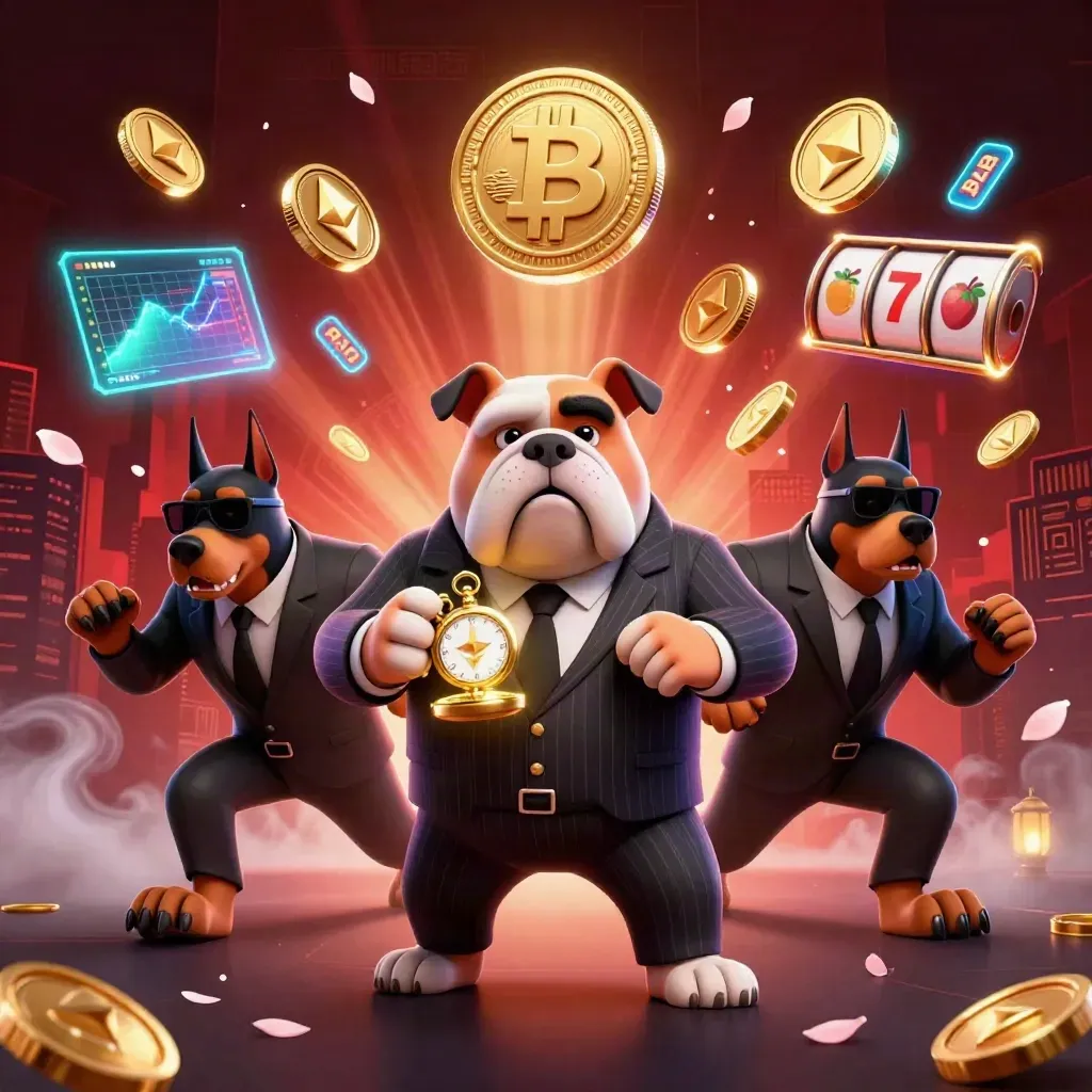 Bulldog mafia kartun dikelilingi koin crypto, petir neon, dan dua Doberman.