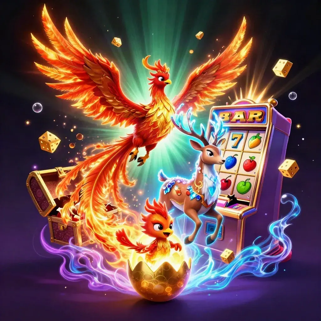 Burung phoenix api, anak phoenix, dan rusa mistis meledak di antara simbol slot dan harta emas