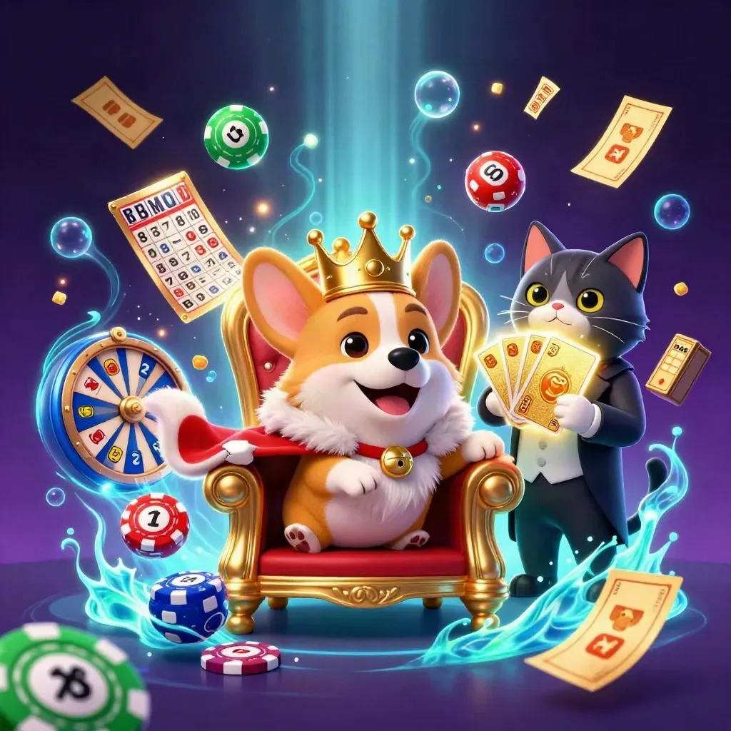 Korgi raja dan kucing pelayan di atas chip, bola lotre, roda hadiah, dan kilau neon biru-emas.