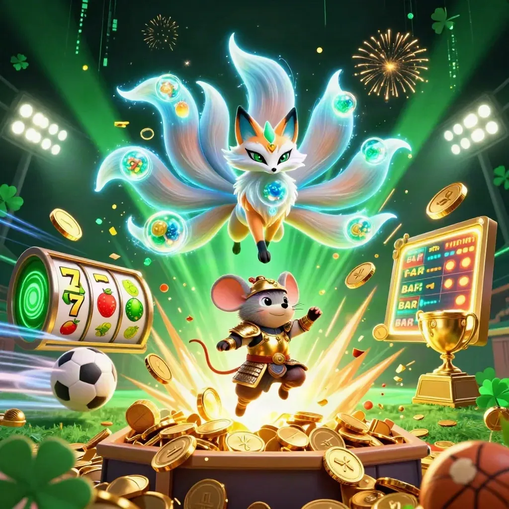 Rubah berekor sembilan dan tikus samurai emas di ledakan koin, petir neon, bonus jackpot.