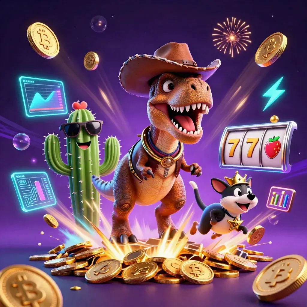 T-Rex koboi, kaktus, dan roadrunner di ledakan koin emas dan neon