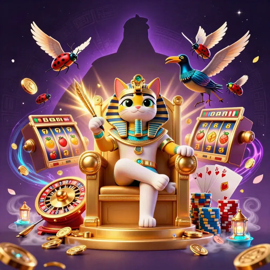 Kucing firaun di singgasana emas, ibis, scarab, koin, chip, dan simbol slot neon