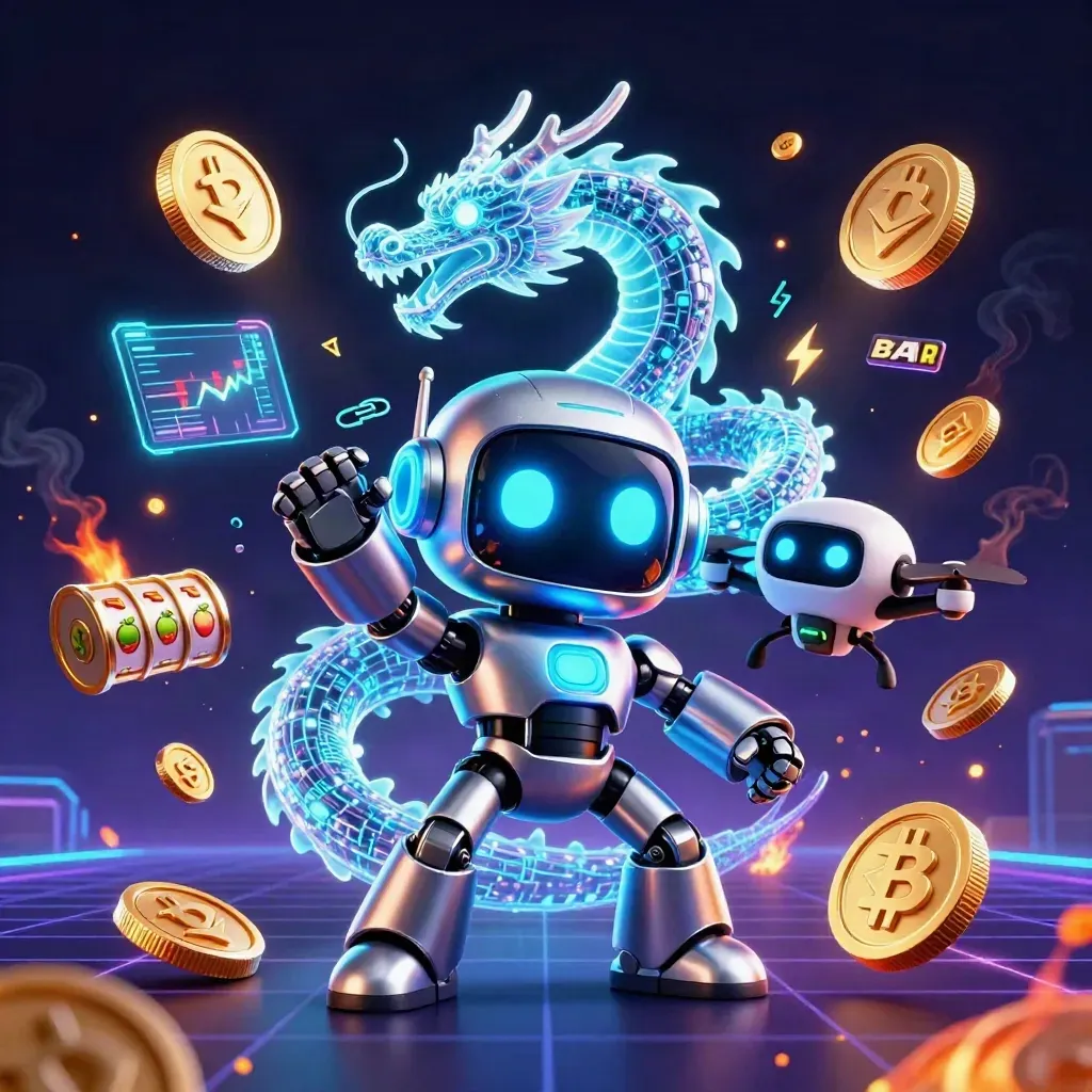 Robot cyberpunk, naga holografik, dan drone koin di latar kasino neon biru-hijau keemasan.