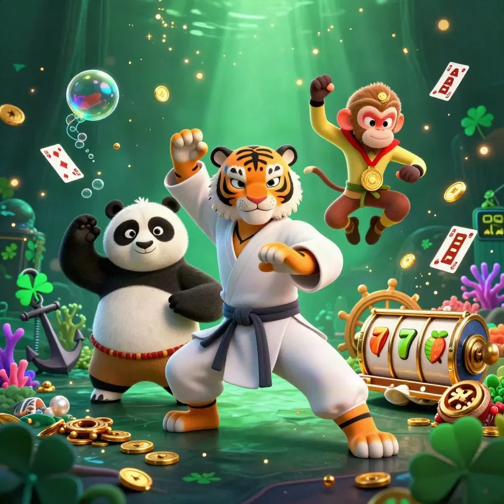 Harimau kung-fu, panda, dan monyet di bawah laut dengan efek kasino neon.