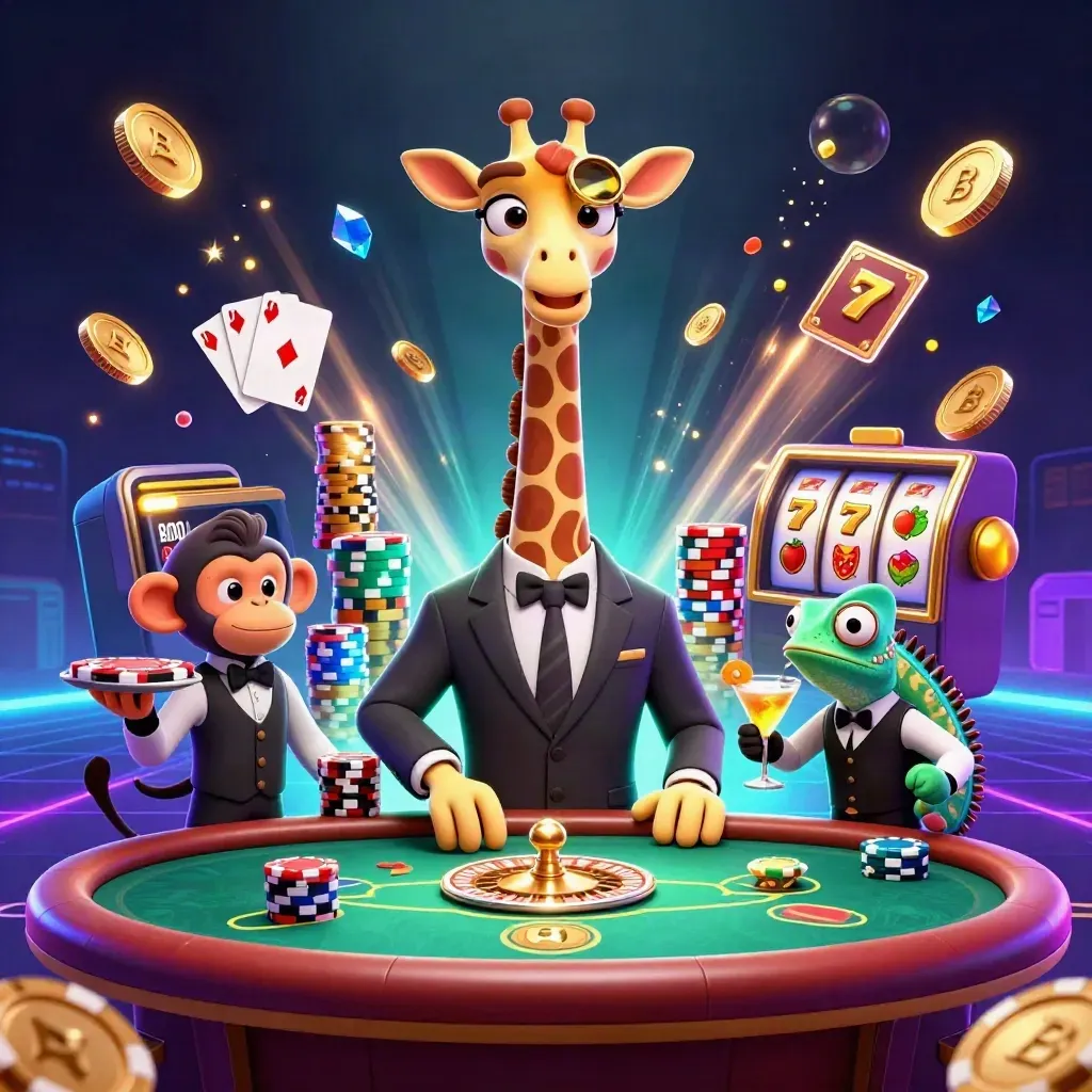 Tiga karakter kasino kartun mewah dikelilingi koin emas, roulette, dan chip berkilau.