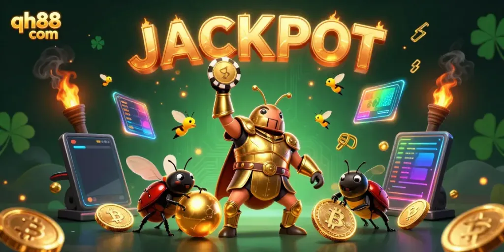 Engage in entertaining gambling experiences with qh88 com, showcasing animated characters winning in a vibrant casino.