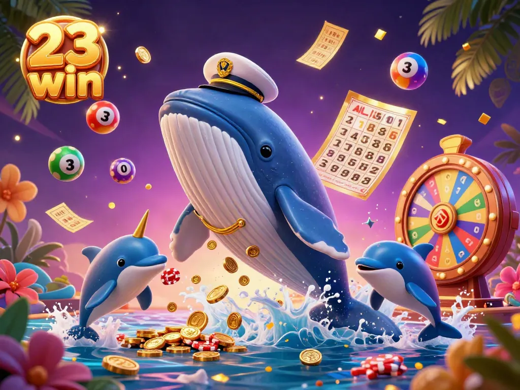 Experience thrilling gaming at 23 win with a whimsical underwater scene featuring a whale, narwhal, and dolphins surrounded by vibrant lottery elements.