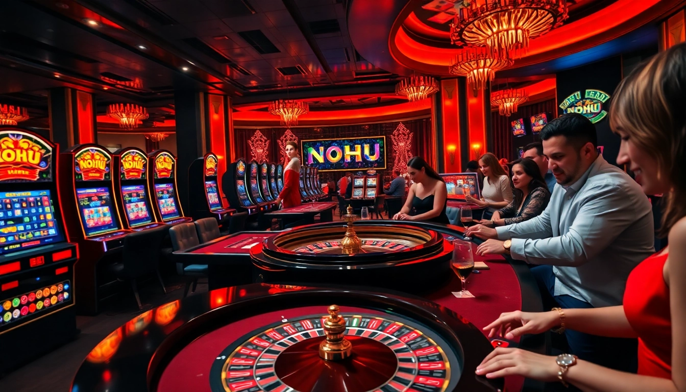 Nohu slot game players strategizing at an upscale casino table with vibrant chips.