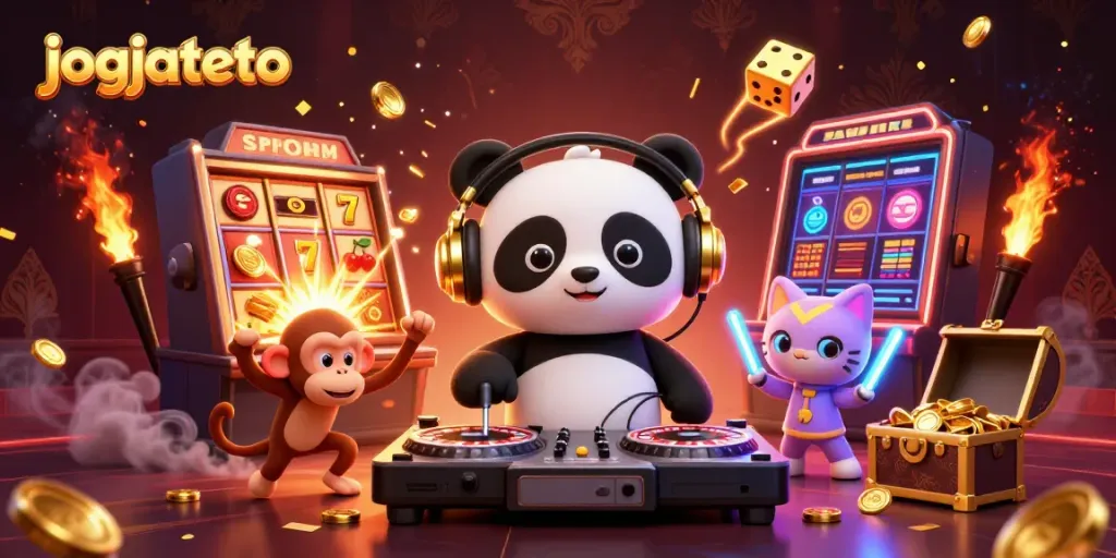 Experience the excitement of jogjatoto with a vibrant 3D scene featuring a DJ panda, dancing monkey, and glowing kitten.