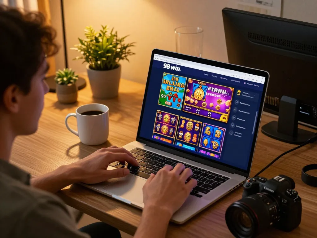 Engaged player exploring 98win trang chủ interface on laptop at home