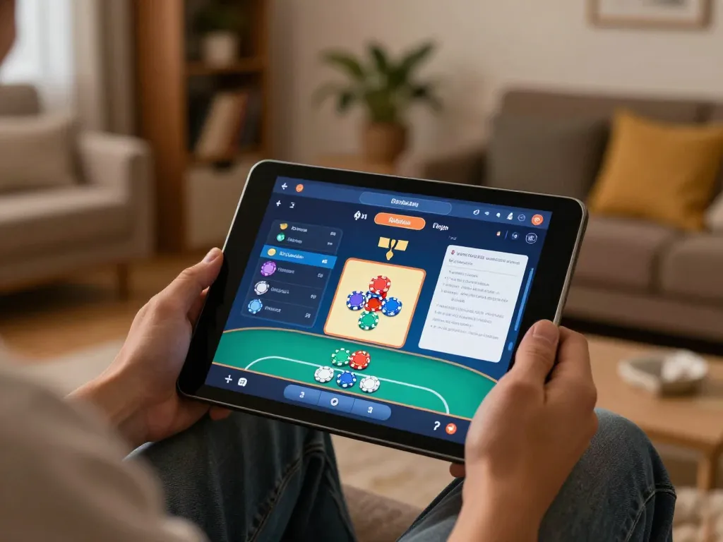 Engaging poker gameplay on fly88 app in a cozy home setting with user strategy notes