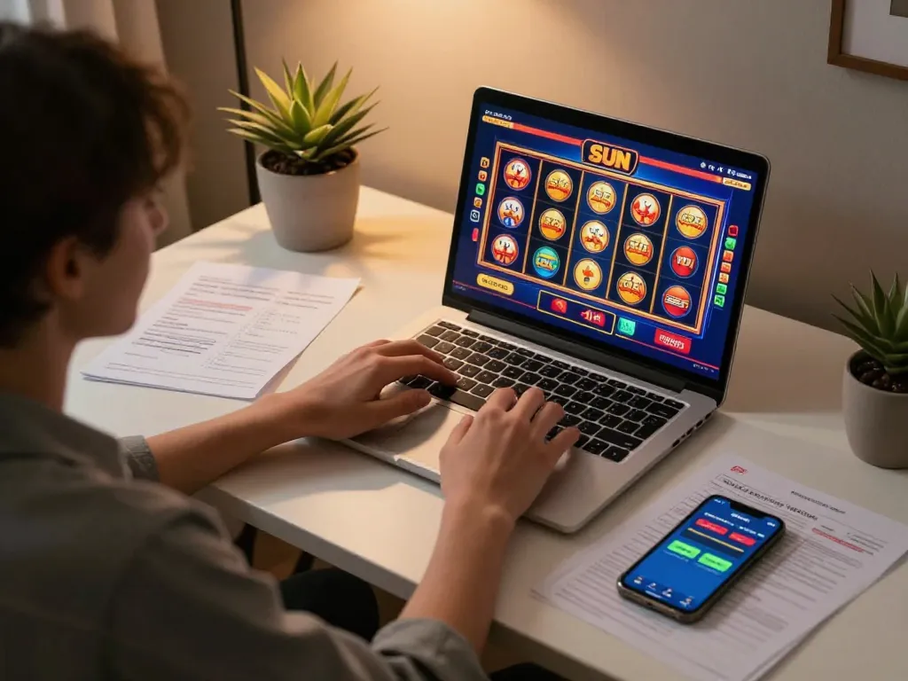 Chơi trò chơi casino Sun win trên laptop tại nhà, với các đồ họa slot và bài poker đầy màu sắc.