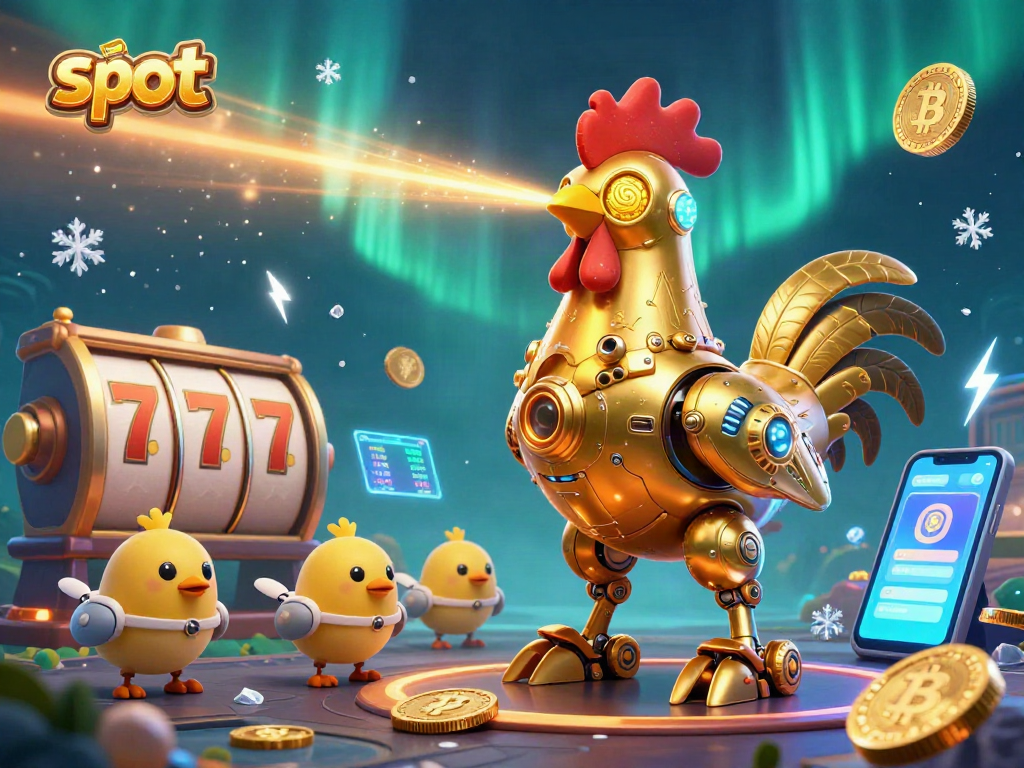 Menggandeng slot, robot ayam jantan berkilauan dan drone anak ayam terbang di lautan crypto yang cerah.