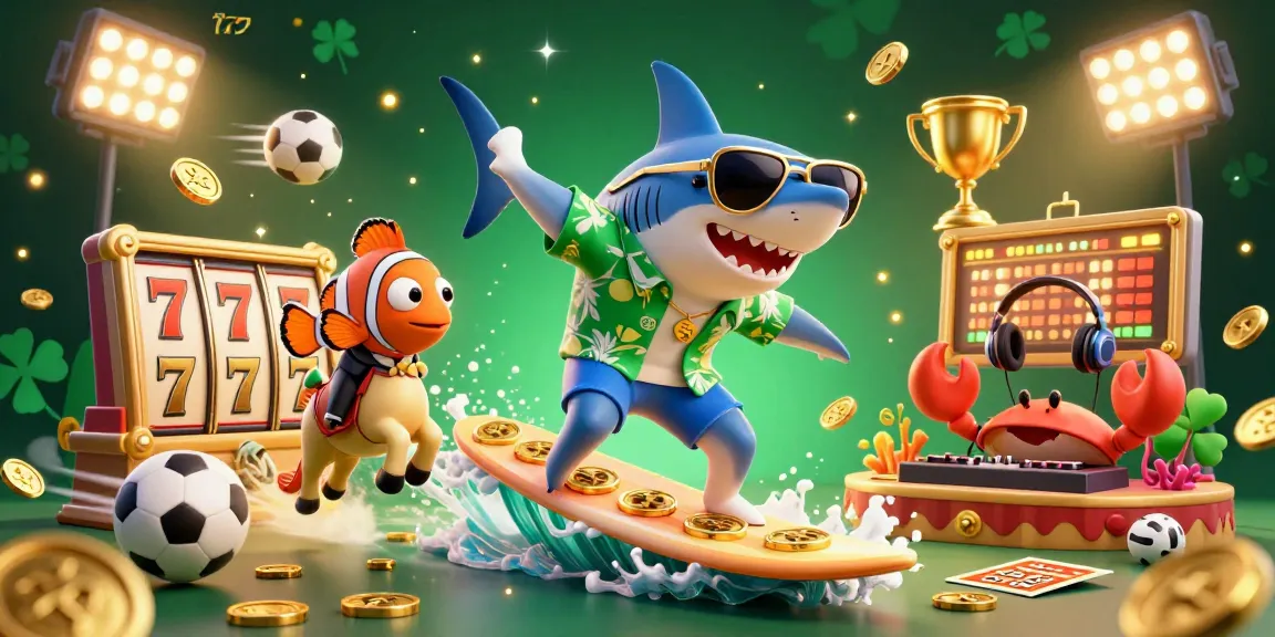 Experience excitement at slot777 with a vibrant cartoon scene of ocean-themed characters surfing on gold coins.