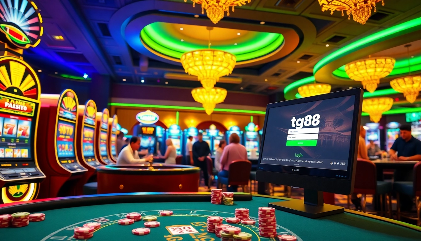 Exciting tg88 đăng nhập experience featuring vibrant slots and roulette in a luxurious casino setting.
