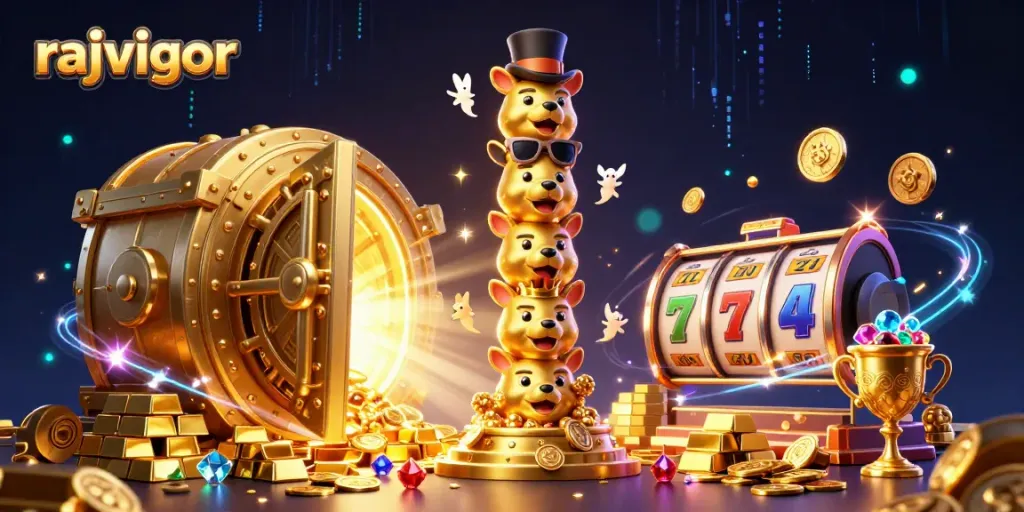 Experience excitement at Rajavigor with vibrant slot reels and captivating treasure elements.