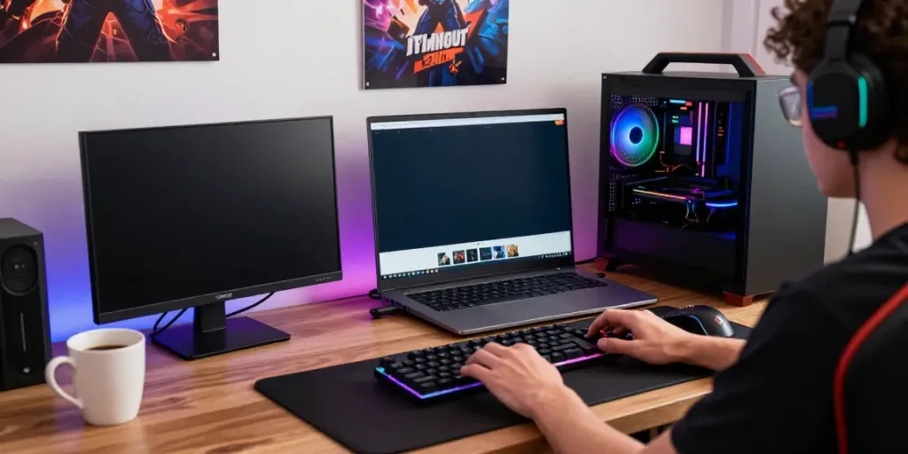 Pengaturan gaming online dengan ratutogel di layar laptop, suasana nyaman dan menarik.