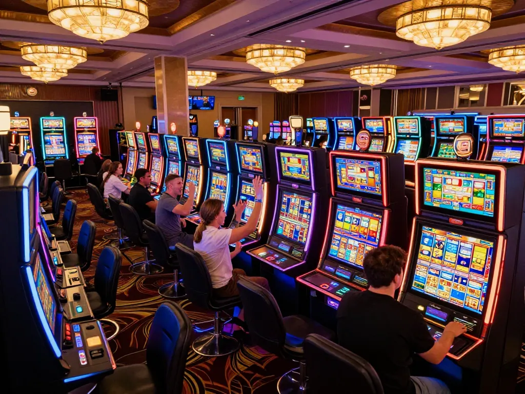 Players celebrating wins on colorful slot gacor machines in vibrant casino atmosphere