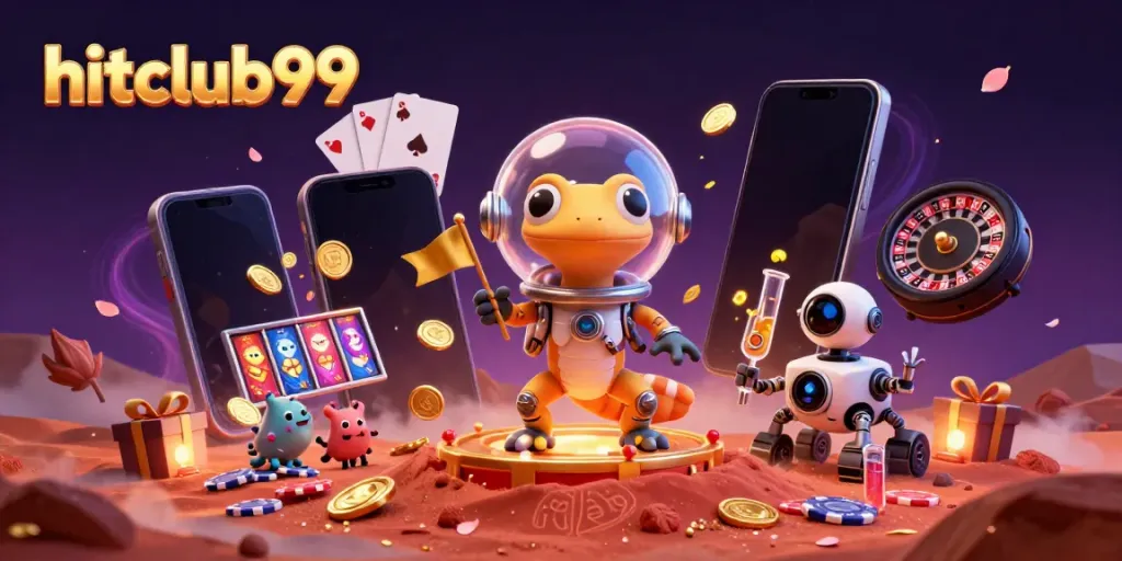 Experience excitement with hitclub99 as a Martian gecko guides players through a golden casino.