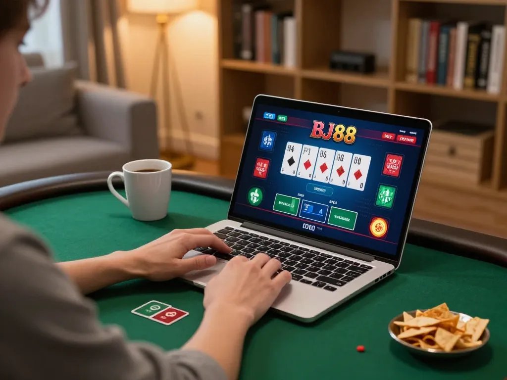 Engaging in strategic online poker gameplay at BJ88, showcasing a cozy home setup with laptop