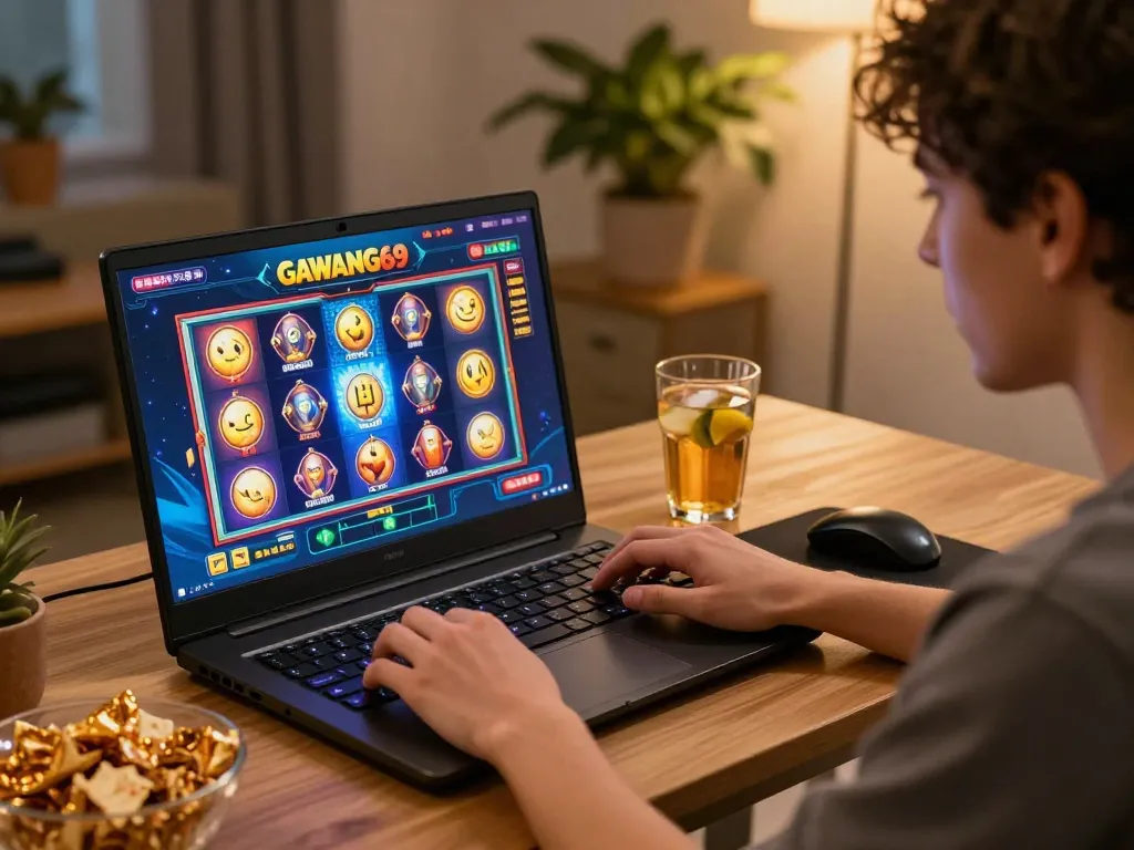 Player enjoying GAWANG69 online gaming setup with vibrant slot games displayed.