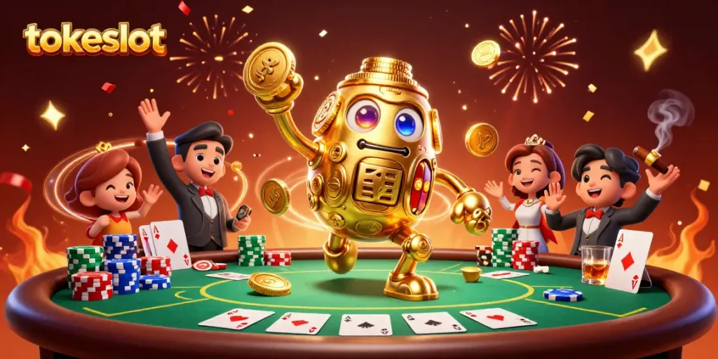 Engage with a vibrant tokeslot scene featuring a golden golem and dynamic poker elements.