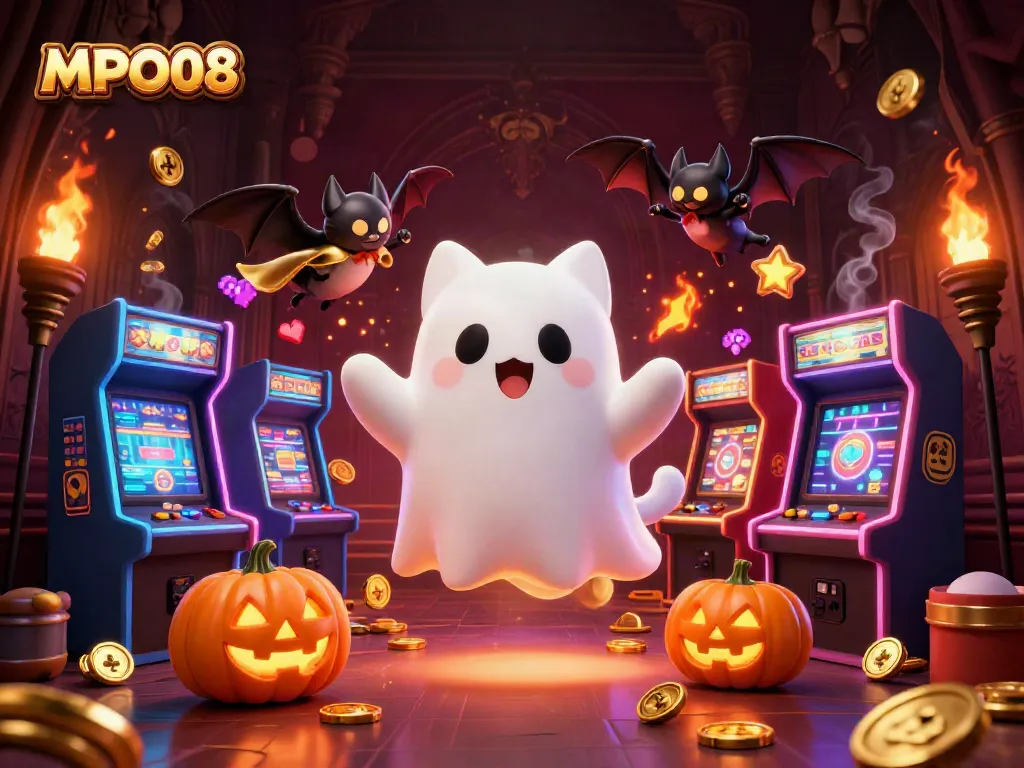 MPO08 engages players with a whimsical haunted casino scene featuring a friendly ghost cat and vibrant gaming elements.