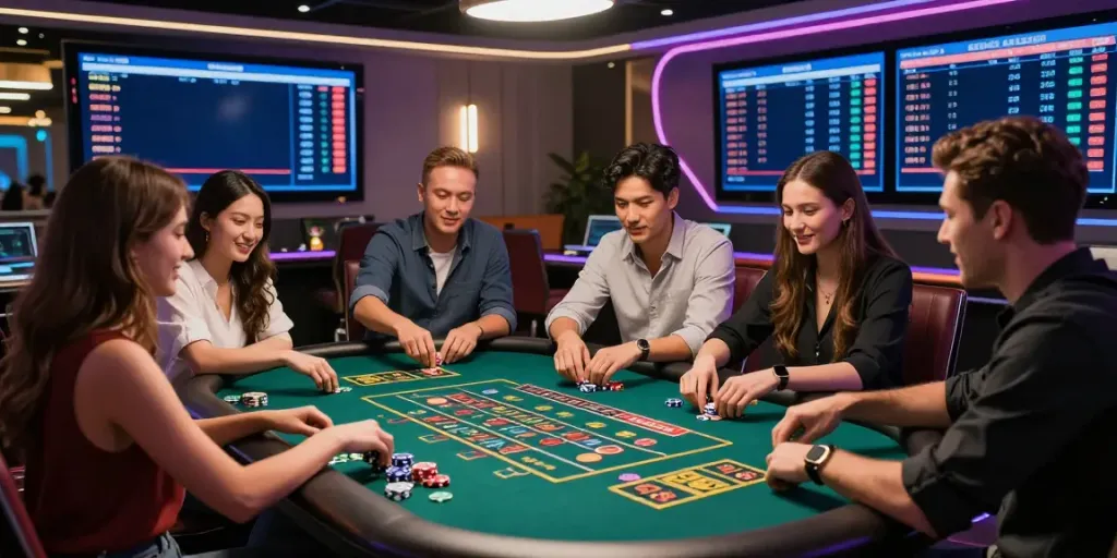 Friends engaging in Togel games at a casino, highlighting the excitement of rajabandot.