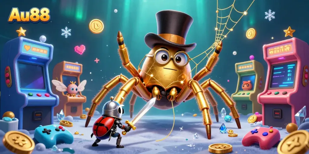 Engage with the world of Au88 through a vibrant 3D casino illustration featuring a golden tarantula and a beetle knight.