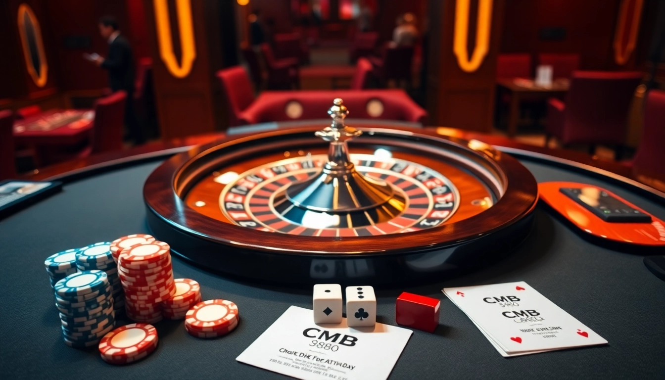 CM88 branded poker chips and cards on a luxurious casino table with a roulette wheel.