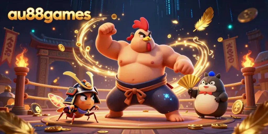 Join the excitement at au88games with a lively gambling scene featuring a sumo rooster and samurai cricket.