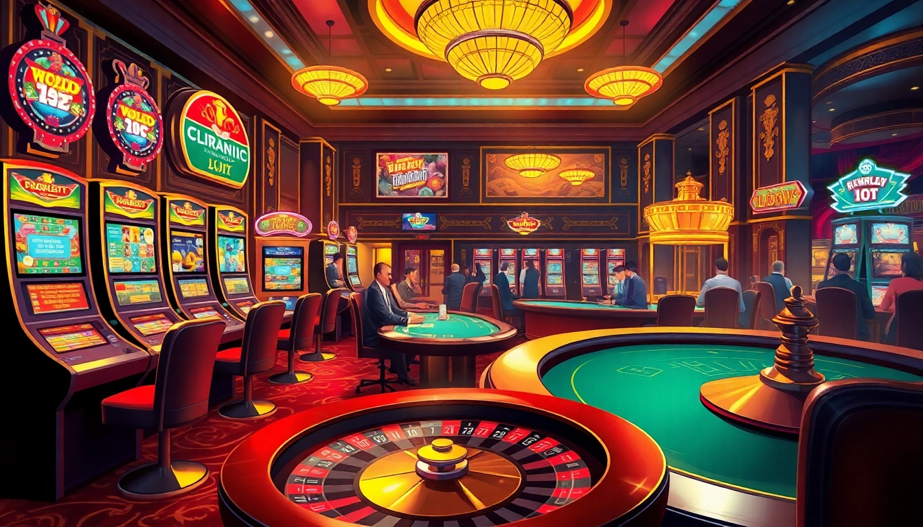 Suasana kasino yang mendebarkan menampilkan situs gacor dengan mesin slot yang hidup, pemain poker, dan roda roulette.