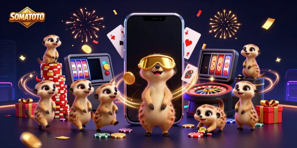 Engage with SOMATOTO, showcasing meerkats managing a vibrant casino filled with dazzling games and excitement.