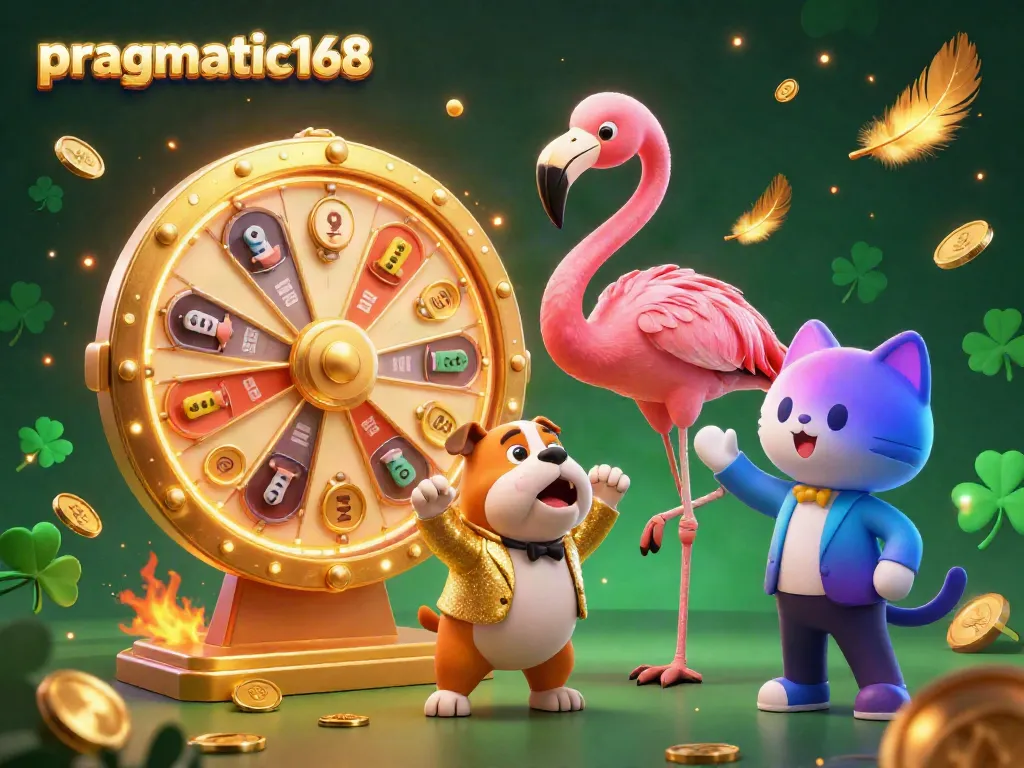 Engage in thrilling mobile games with pragmatic168 in a vibrant 3D casino scene featuring game elements and prizes.