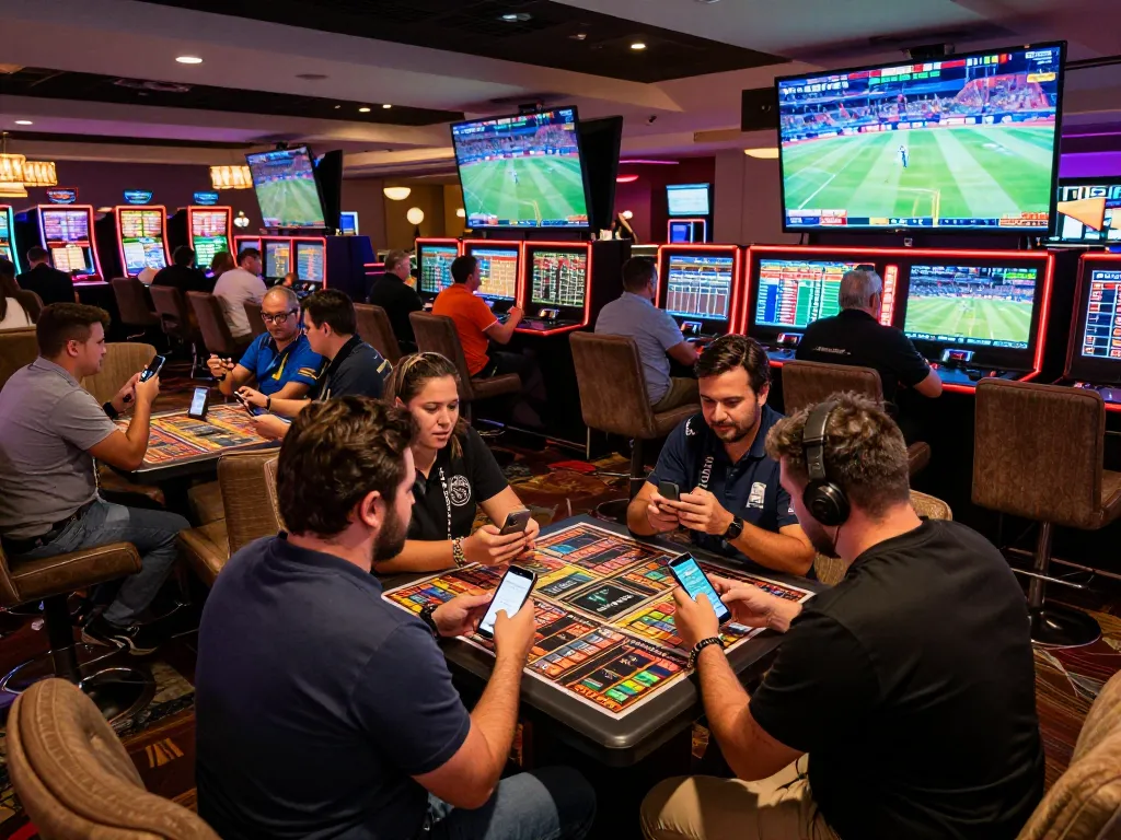 Bongdalu88 sports betting lounge filled with excited bettors analyzing odds during live events
