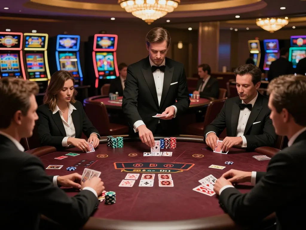 Pemain menikmati blackjack di meja kasino alexis500 dengan permainan yang dinamis dan chip warna-warni.