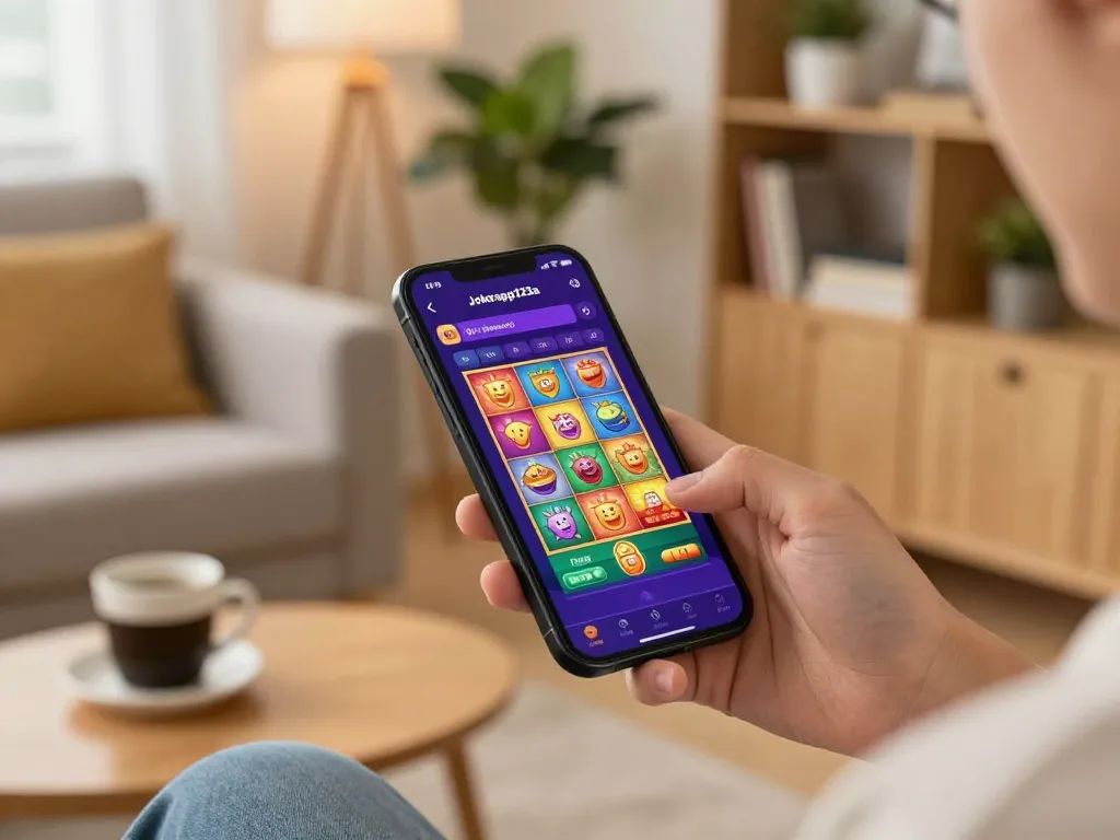 Engaging with jokerapp123a mobile app on smartphone in cozy home setup, showcasing vibrant game interface.