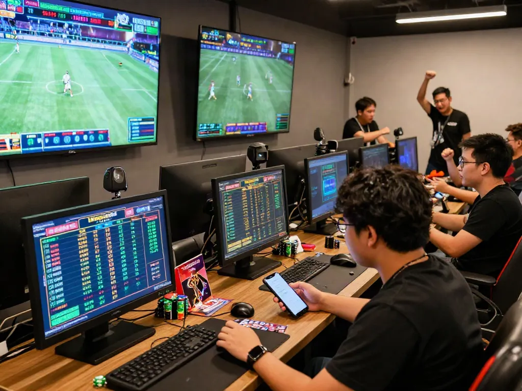 Experience the excitement of Bandar Togel 4D in a vibrant online betting lounge with gamers and streaming sports events.