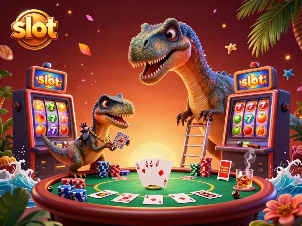 Experience the thrill of slot machines in action with dinosaurs dealing cards in this lively casino scene.