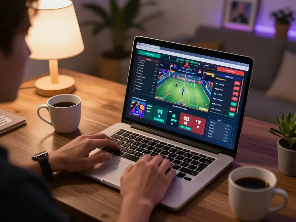 Gambling enthusiast analyzing sports odds using uu 88 online betting platform in a cozy home setup