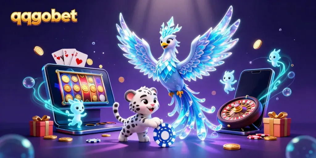 Temukan keseruan bermain di qqgobet dengan ilustrasi fantastis phoenix es dan cub harimau salju.