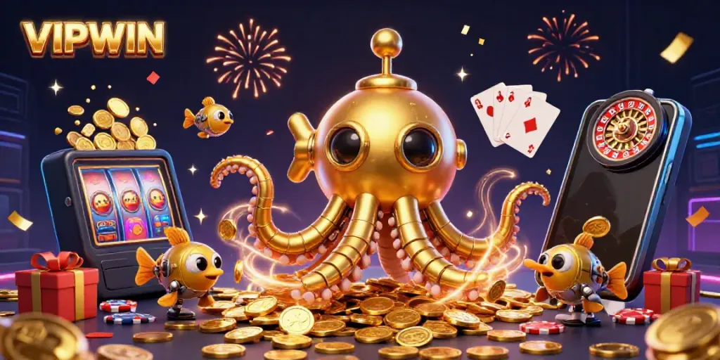 Experience excitement with VIPWIN's golden kraken submarine amidst falling confetti and vibrant casino games.