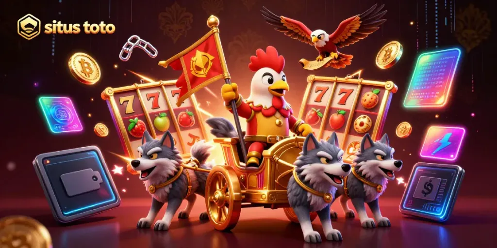 Engage in thrilling games at situs toto with a vibrant illustration showcasing a rooster warlord and slot motifs.