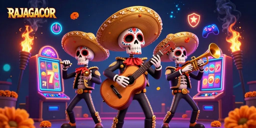 Gambar ilustrasi 3D RAJAGACOR menampilkan band mariachi yang meriah di tengah mesin slot yang bersinar.