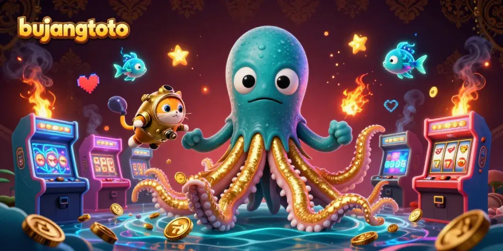 Bujangtoto showcases vibrant characters in a thrilling gaming scene filled with slots, coins, and engaging game elements.