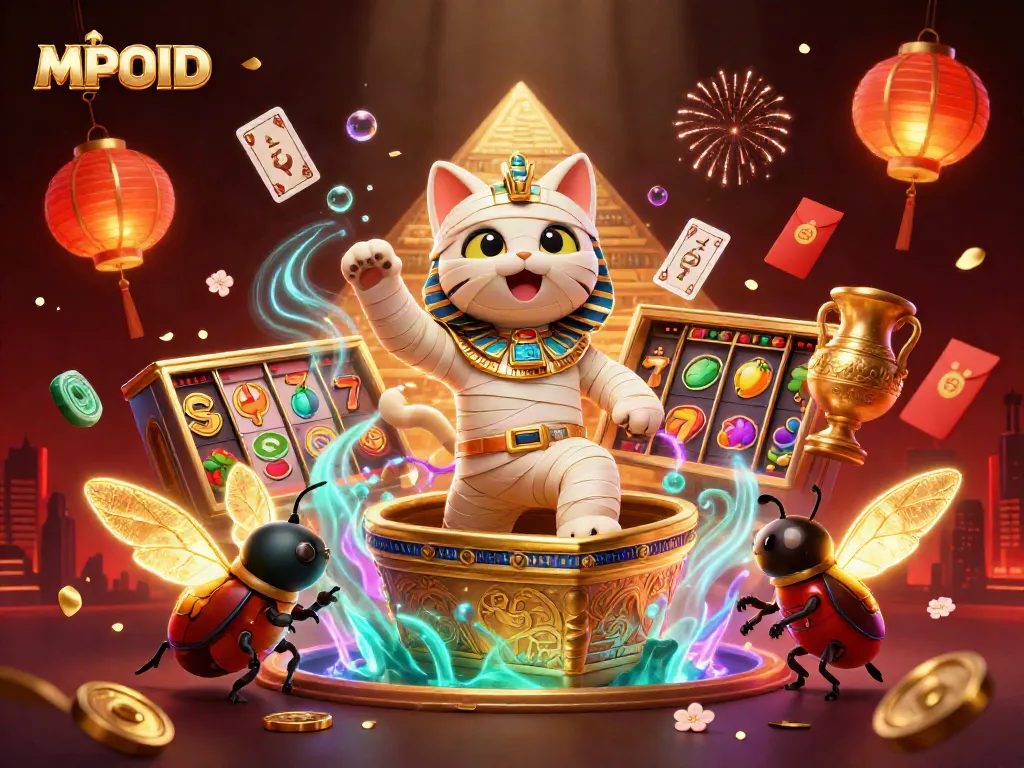 MPOID highlights immersive gaming with a mummy cat, scarab beetle, and engaging slot symbols in a vibrant casino