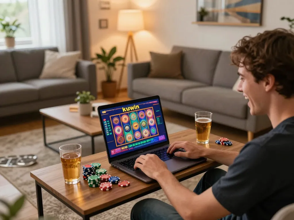 Kuwin player enjoying a thrilling online gaming session at home with vibrant slot visuals