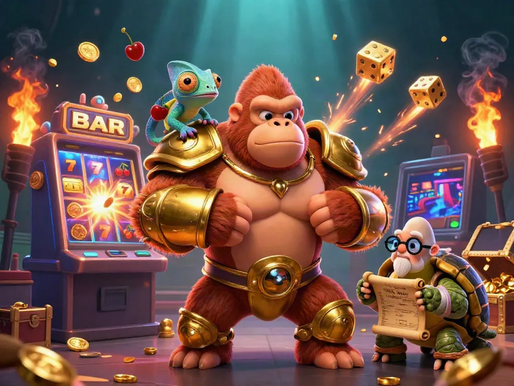 Experience the excitement of qqgobet with a vibrant gambling scene featuring a gorilla king and treasure.
