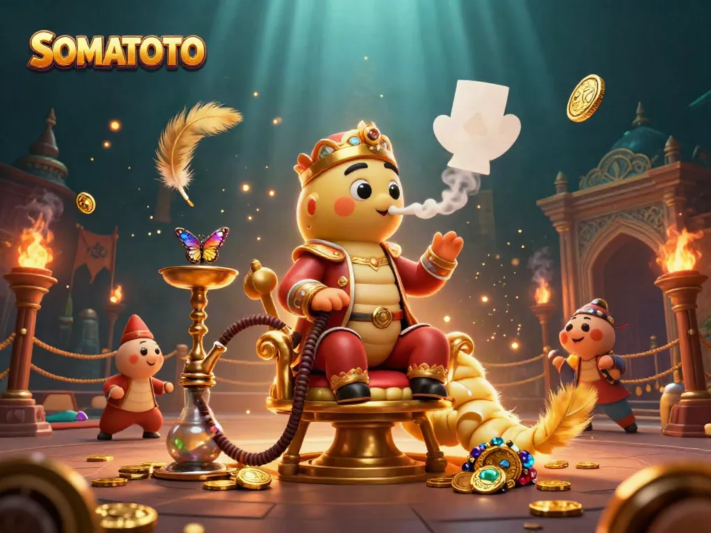 SOMATOTO casino scene with a whimsical caterpillar master amidst poker symbols and golden coins.